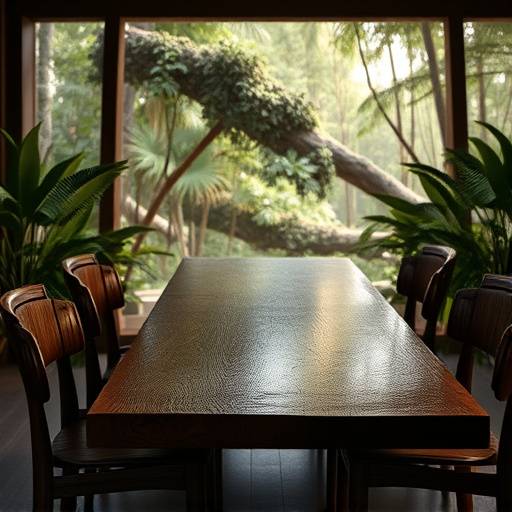 Mesa de jantar robusta em madeira escura com tampo de vidro, inspirada na beleza da floresta amazônica.